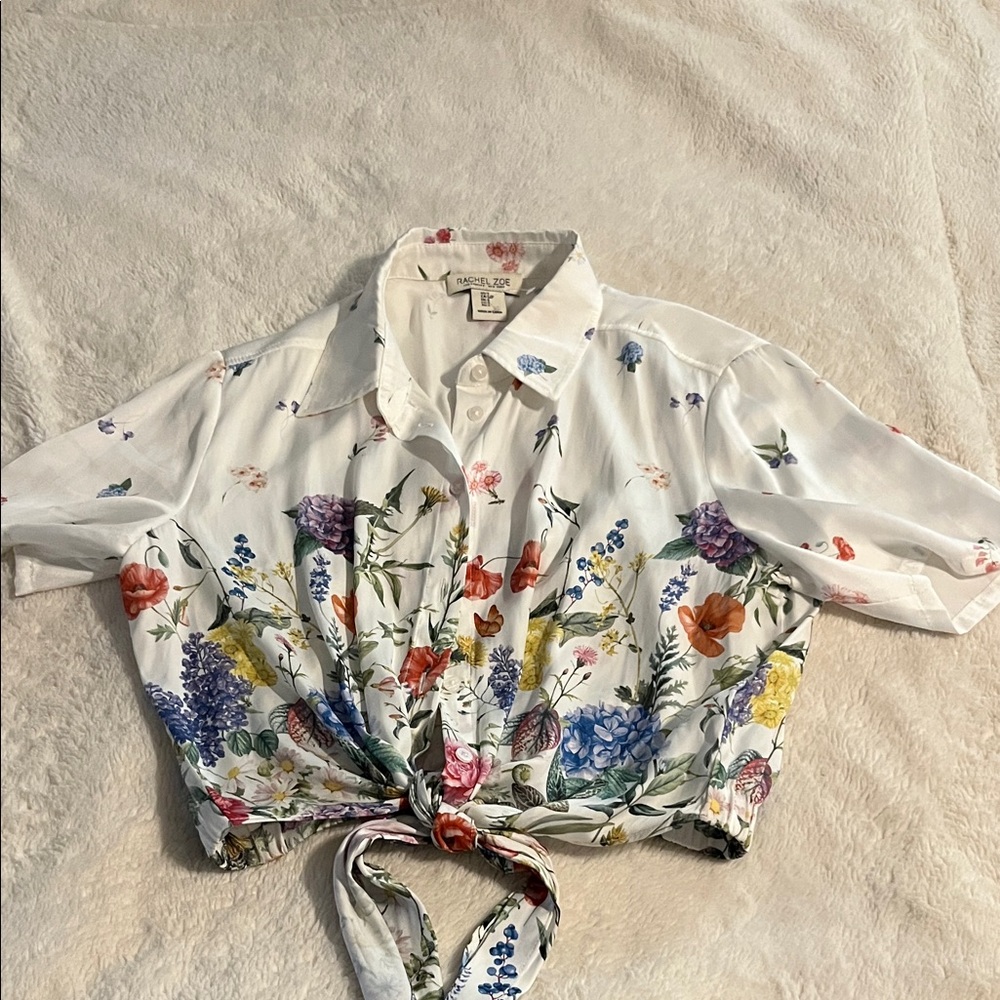 Rachel Zoe White Floral Tie-Front Crop Blouse